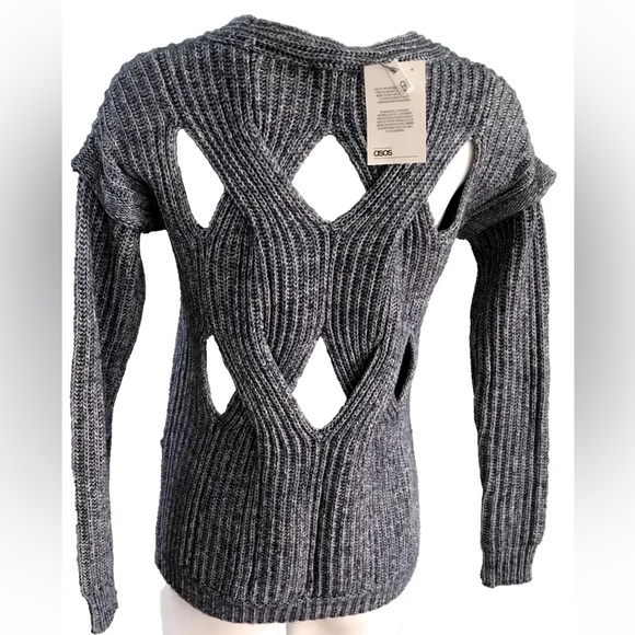 New ASOS Cut Out Back Detail Cable Knit Sweater Heathered Blue Size 0 - Picture 1 of 10